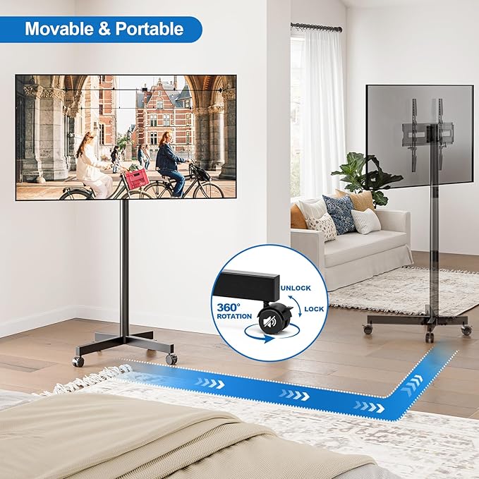 Mobile TV Cart Rolling TV Stand for 23-65 Inch LCD LED OLED 4K Smart TVs up to 110lbs, Height Adjustable Portable AV Cart with Wheels and Tilt Mount, Outdoor TV Stand Mount, Max VESA 400x400mm
