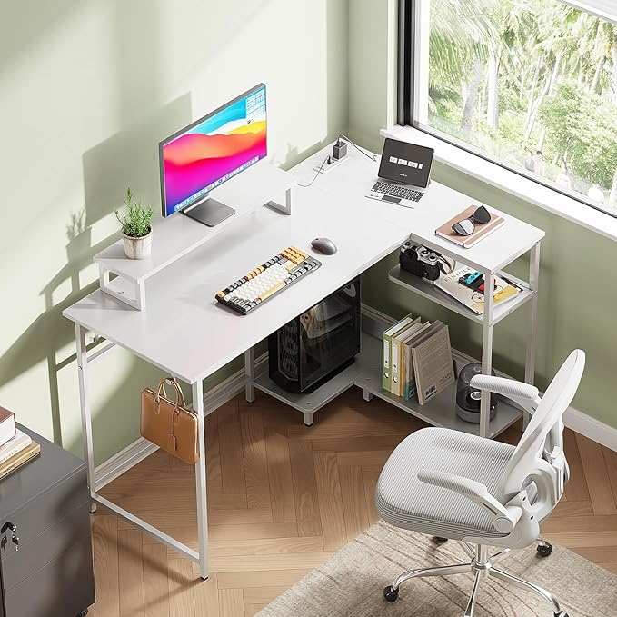 DEVAISE 47" L Shaped Gaming Desk with LED Lights and Power Outlets - Spacious Corner Computer Table with Monitor Stand and Storage Shelves for Work and Gaming, White