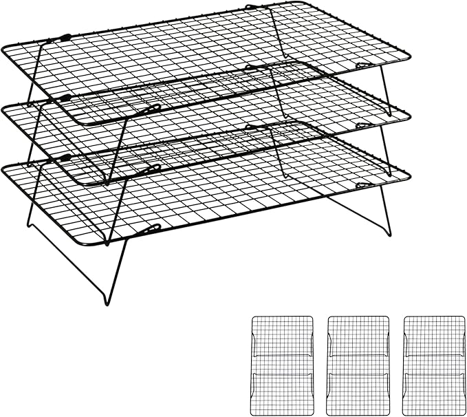 Cooling Rack, 3 Tier Stackable Cooling Racks for Cooking Baking Roasting, Multi-Level Collapsible Cookie Rack for Cakes, Oven Safe & Easy Clean (Black, 3-Tier)