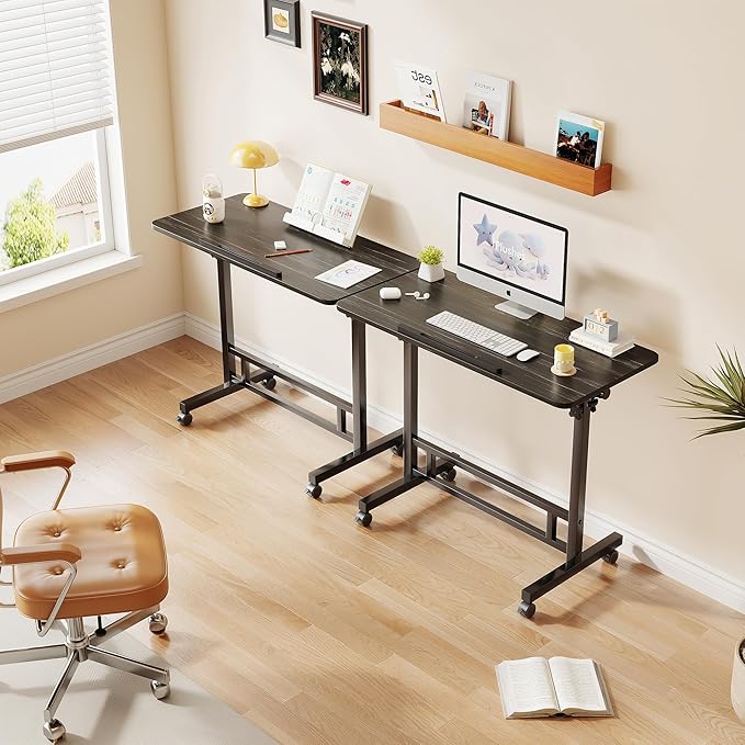 Laptop Table Mobile Adjustable Height Portable Desk Notebook Swivel PC Computer Rolling Desk with Wheels, Laptop Stand for Couch Bedside Hospital Bed Table (Black Table)