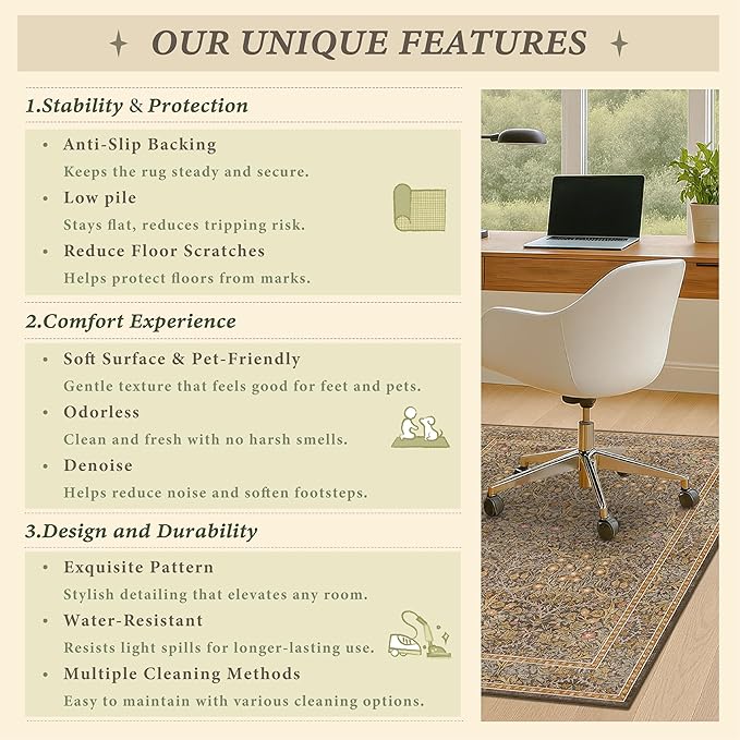 Vintage Brown Office Rugs for Rolling Chairs, 36"x48" Home Office Rug for Computer Gaming Chair, Low Pile, Slip-Resistant and Ultra Soft Area Rug for Protecting Floors, Boho Taupe Floral Design