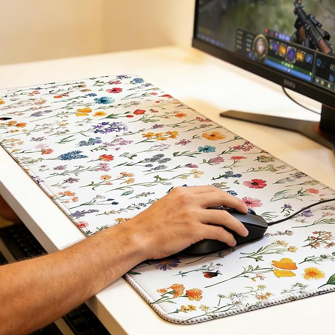 Large Gaming Mouse Pad Wild Flower Desk Mat,Non-Slip Rubber Base Stitched Edges,Extended Mousepad for PC,Laptop,Office,Home Decor(31.5 x 11.8 Inch)