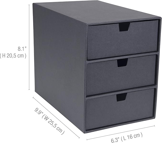 Bigso Ingrid 3-Drawer Fiberboard Desk Organizer for Office Supplies and Accessories - Stackable Makeup Drawer Organizer - 6.3in x 9.9in x 8.1in - Dark Grey