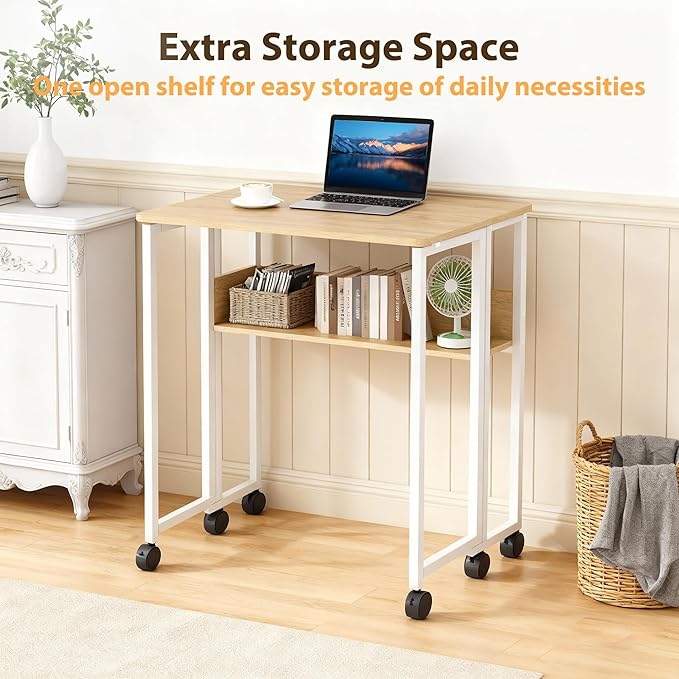 GarveeHome Folding Desk Small Rolling Desk with Storage Shelf,31.5 Inch Foldable Computer Table with Wheels,Portable Office Desk for Small Space Sofa Table,Easy to Fold