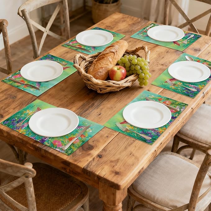 Colorful Hummingbird Flowers Table Placemats Set of 6, Linen Placemats 12x18 Inch, Washable Non Slip Heat Resistant Mats for Dining Table Kitchen Indoor Use
