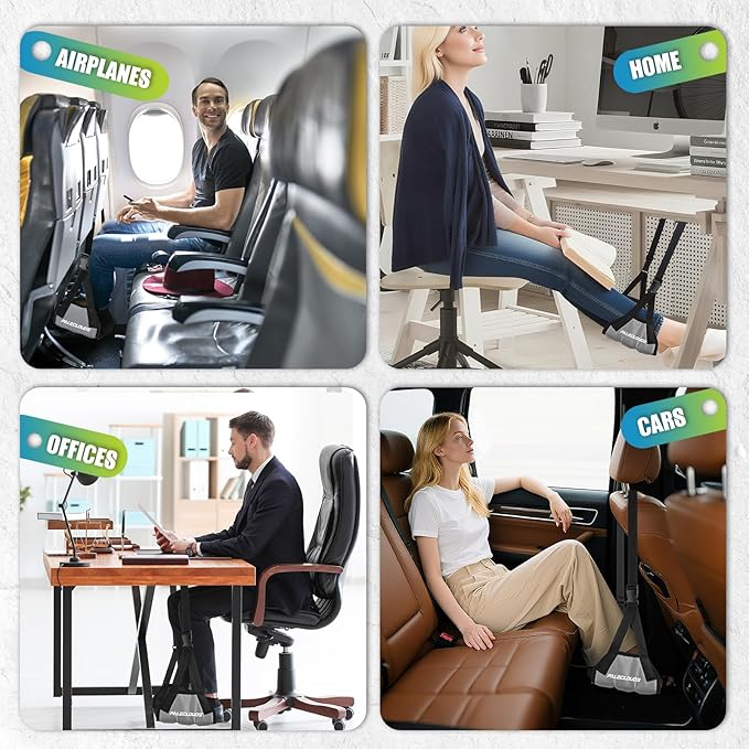Foot Hammock for Plane Travel, No Collapse Thickened Bamboo Airplane Foot Rest for Long Flight, Desk Foot Hammock with Extended Adjustment Strap to Relax Your Feet, Foot Sling Travel Essentials