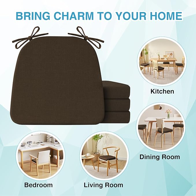 IASEAHK Chair Cushions for Dining Chairs Set of 6, Non Slip Kitchen Chair Pads, 17" x 16" x 2", Indoor Dining Chair Cushions with Ties, D-Shaped Seat Cushions for Kitchen Chairs, Brown