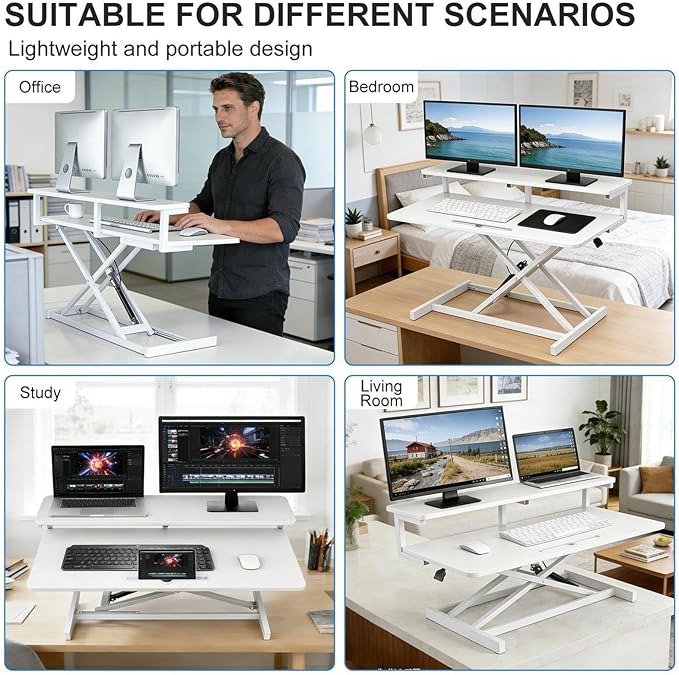 Ergonomic Desk Riser for Standing Height Adjustable Standing Desk Converter 10.2-24.8" 33 Lbs Capacity U-Shapeds Top & Keyboard Tray for Home Office White