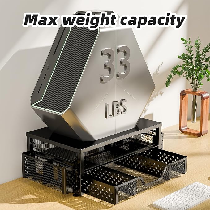 Simple Trending Desk Organizer and Accessories, 2-Tier Computer Monitor Stand Riser with Drawer and Pen Holders – Metal Latop Stand for Home Office, Black