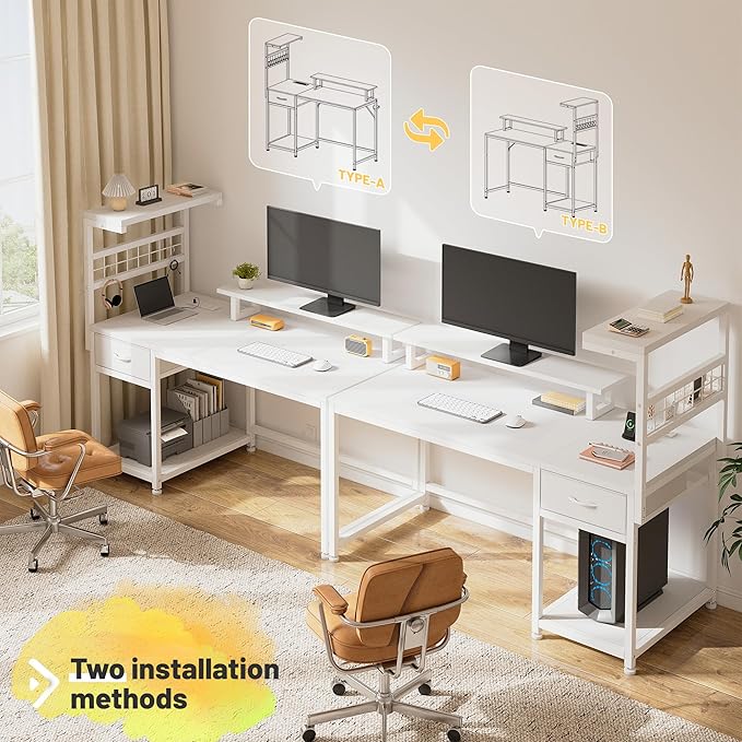 EnHomee 40" Computer Desk with Drawer & Storage Shelves, Gaming Desk with Monitor Stand, LED Lights & Power Outlets for Living Room, Study Room, Bedroom, White
