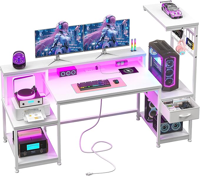 DurayLoly 55" Computer Desk with LED Lights & Outlets,Office Desk with Drawers & Monitor Stand,Gaming Desk with 3 Storage Shelves, Hooks& Printer Space for Game&Study Room,Home Office,Bedroom,White
