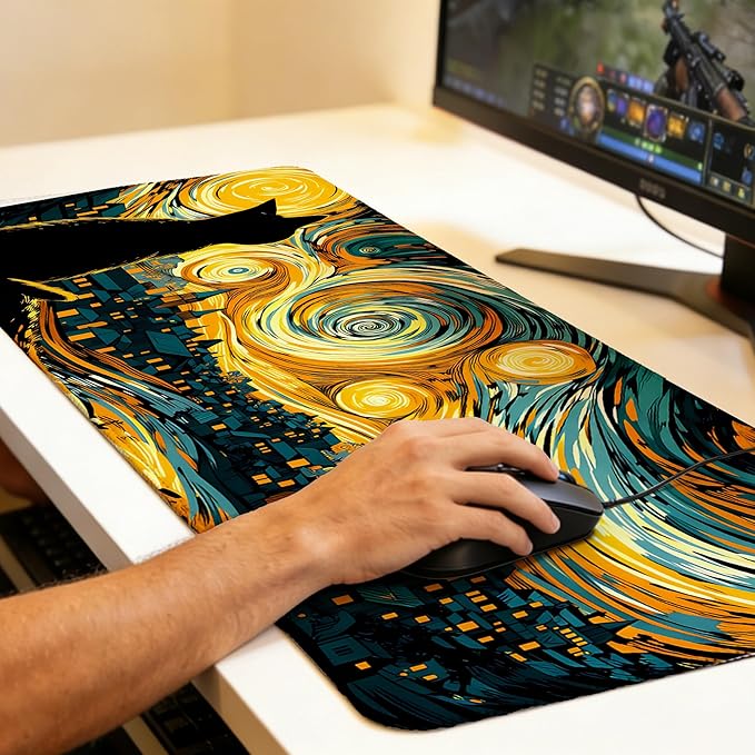 Large Gaming Mouse Pad Yellow Starry Night Cat Desk Mat,Non-Slip Rubber Base Stitched Edges,Extended Mousepad for PC,Laptop,Office,Home Decor(31.5 x 11.8 Inch)