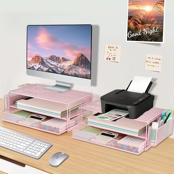 AUPSEN Computer Monitor Stands Riser,2-Tier Desk Organizers and Accessories, Office Desk Accessories Organizer with Drawers and 2 Pen Holder for Office Supplies (Pink)