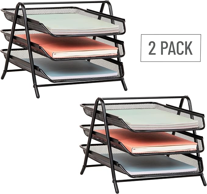 Mind Reader 3-Tier Paper Tray, Desktop Organizer, File Storage, Office, Metal Mesh, 11.75" L x 13.75" W x 10" H, Set of 2, Black