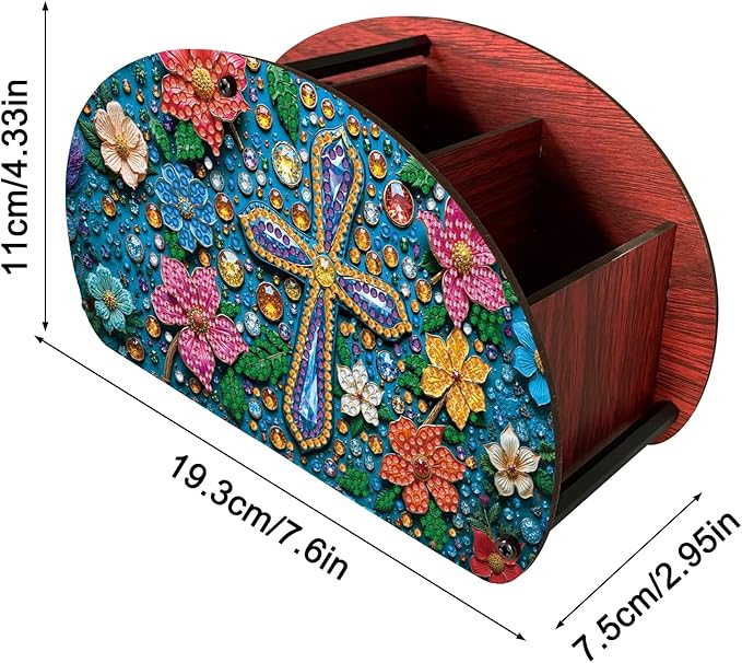 POETRYDRAW DIY Cross Diamond Art Painting Wooden Storage Box – Multi-Grid Moon Fan Makeup Brush Organizer, Double-Sided Drill Tabletop Holder for Women, Office & Home Decoration