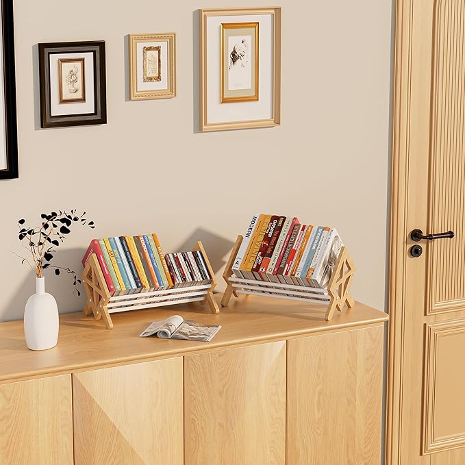 Desktop Bookshelf Organizer, Wood Office Tabletop Book Storage Rack, Tilting Bookcase for Books/CDs/Magazine Display (2 Packs White)