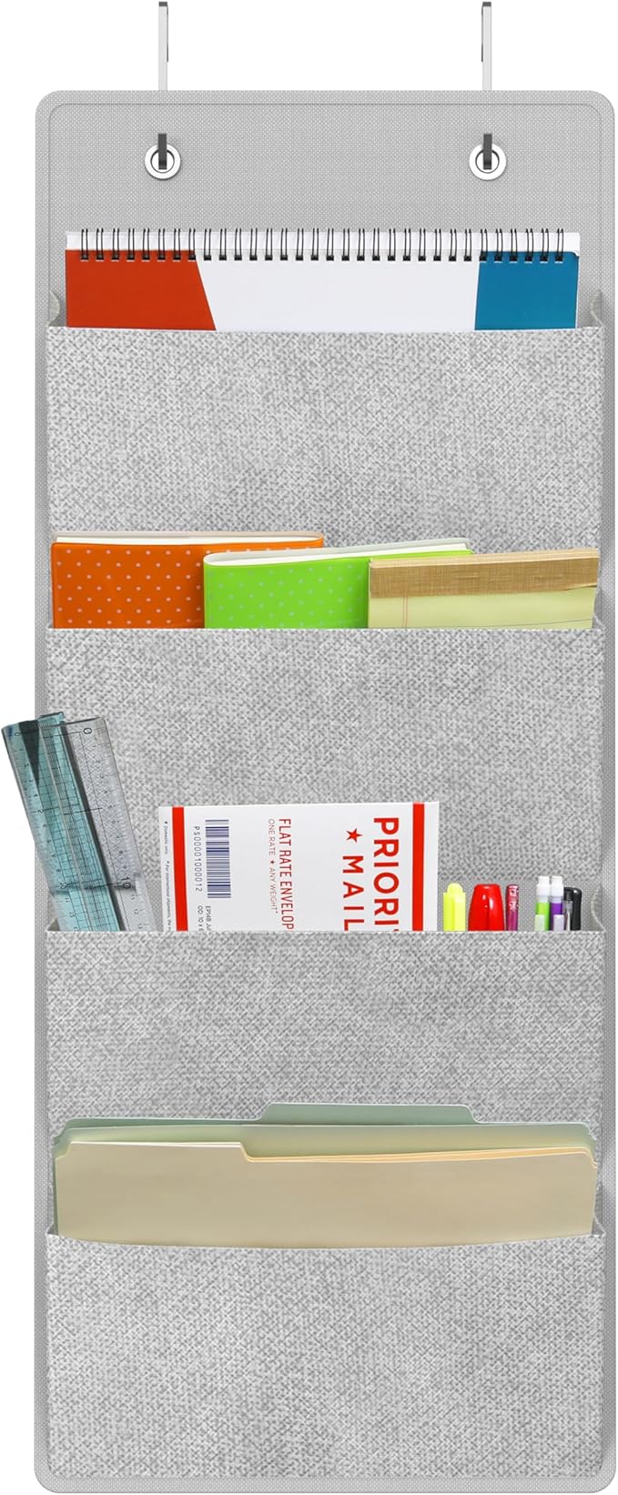 Simple Houseware Over the Door Hanging Wall File Organizer, 4 Pocket File Holder with 13" Width for Office Supplies Storage, Grey