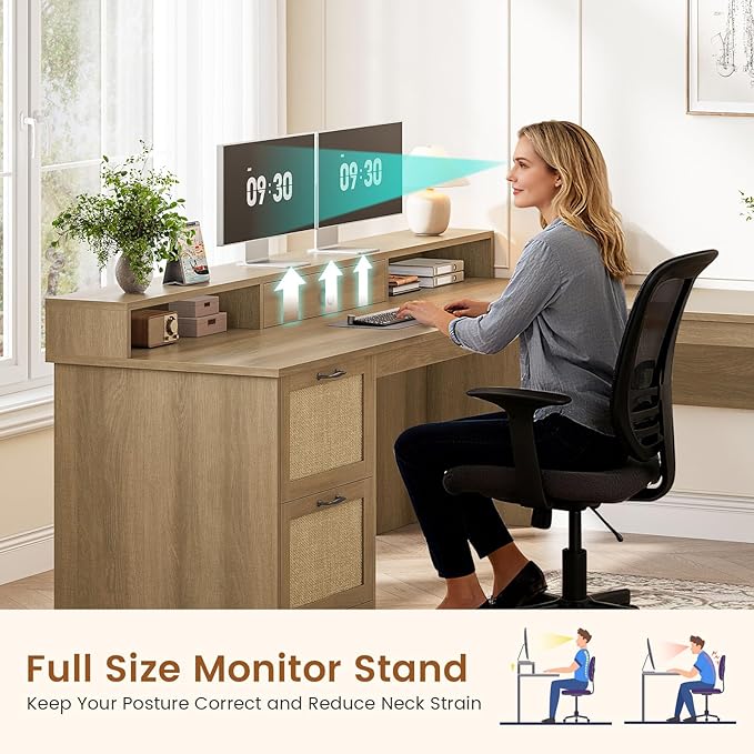 SEDETA 63" Rattan L Shaped Desk with Drawers, Farmhouse Corner Computer Desk, Wood Office Desk with File Drawers with Storage, Executive Desk with Monitor Stand and Storage Cabinet, Oak
