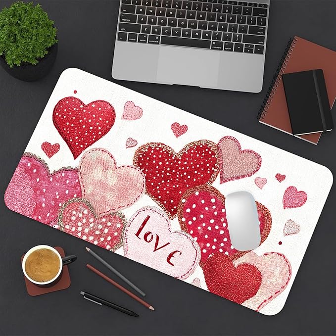 Valentine Desk Mat, Cute Love Heart Large Mouse Pad for Desktop, PU Leather Waterproof Desk Pad, Computer PC Laptop Protector Gaming Mouse Pads Valentine's Day Gifts for Her Him (31.5" x 15.7")