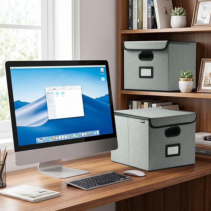 Qerlei File Organizer Boxes with Lids,Collapsible File Folder Organizer with Plastic Slide,Collapsible Filing & Storage Boxes for Office/Decor/Home (Grey, 2 Pack)