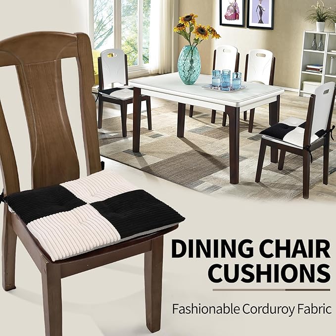 Office Stacking Chair Cushions 4 Pack, Corduroy High Density Foam Kitchen Seat Cushions with Ties, Square 17" x 17" Indoor Non-Slip Dining Chair Pads, Black+ White,4pcs