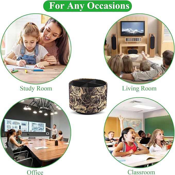 Round Leather Art Supply Organizer,Remote Control Holder,360 Degree Rotating,Multi-Functional Pencil Holder,4 Compartments Desktop Stationary Organizer(1-3D Rose Yellow)