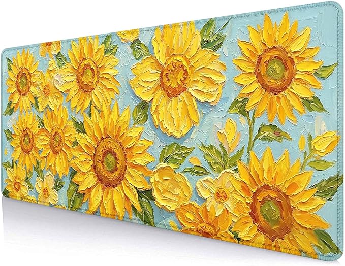 Sunflower Large Mouse Pad, Cute Flower Desk Mat, Yellow Retro Oil Aesthetic Computer Desk Pad, Desktop Mat, Green Extended Mat for Home Office Desk Decor for Girl Women Keyboard Pad, 31.5 x 11.8 inch