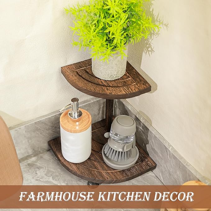 Tikea Decorative Wood Riser for Display, 2-Tier Rustic Corner Shelf for Kitchen Bathroom Counter Decor, Farmhouse Riser for Soap Dispenser and Plant (Brown)
