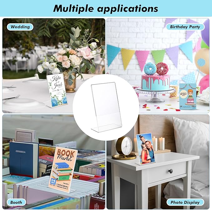 Sanwuta 2 Pcs 4 x 6 Inch Acrylic Sign Holder, Slant Sign Display Stand, Transparent Flyer Holder Frame Plastic Document Display for Workers Teachers Office Home Menu Desktop