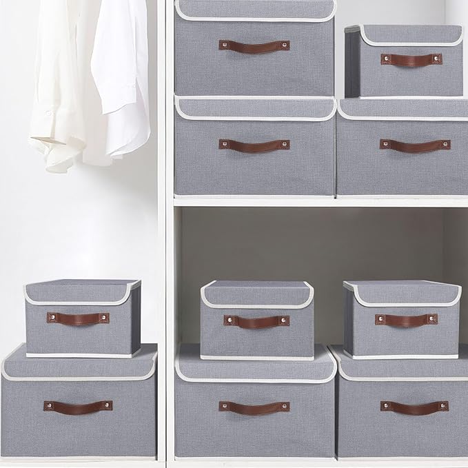 ANMINY 2PCS Storage Bin with Lid Storage Boxes with PU Leather Handles PP Plastic Board Decorative Foldable Lidded Cotton Linen Fabric Home Cubes Baskets Closet Organizer Container - Gray, Medium