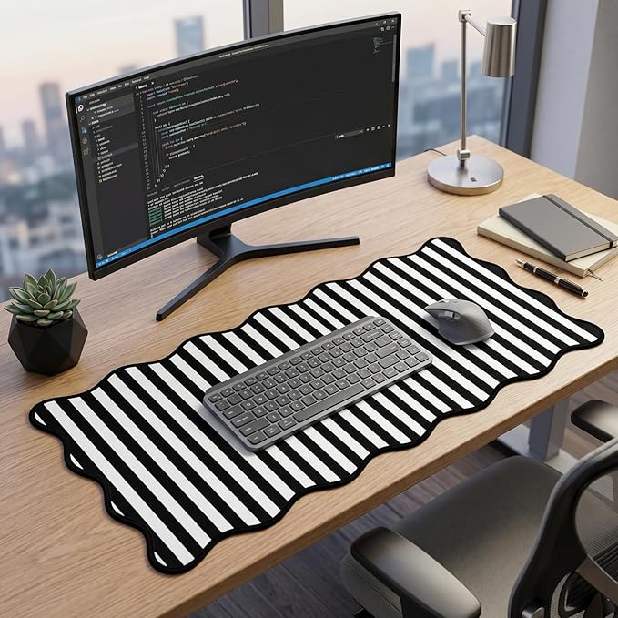 Scalloped Desk Mat Extended Large Cute Striped Mouse Pad Big Desk Pad XXL Aesthetic Stripe Mousepad Gaming Mouse Pad for Keyboard Computer Laptop Home Office Accessories 35.4X15.7Inches Black White