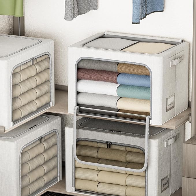 4 Pack Clothes Storage Bins with Metal Frame - 100L Stackable Storage Box with Lid,Foldable Storage Container Organizer for Clothes,Linen Fabric Storage Box with Clear Window&Zippers&Handles