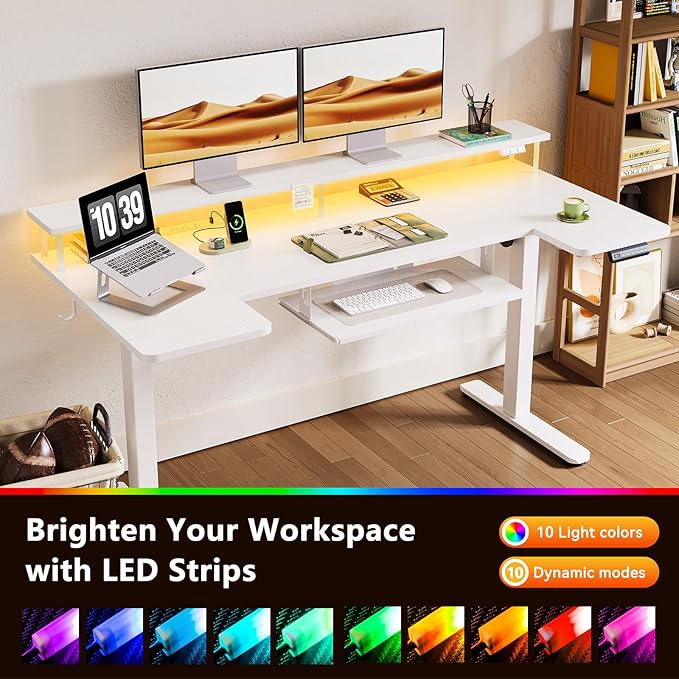 OffiGo U Shaped Electric Standing Desk with Keyboard Tray, 63 Inch Height Adjustable Desk with Power Outlets & LED Lights, Sit Stand Table with Monitor Stand for Home, Office, White
