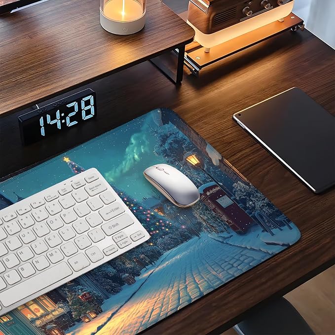 Large Extended Gaming Mouse Pad - Winter Christmas Night Scene, Soft Fabric Desk Mat with Non-Slip Rubber Base, Extra Long Mousepad for Gaming, Office, Keyboard & Mouse, 35.43 x 15.75 in