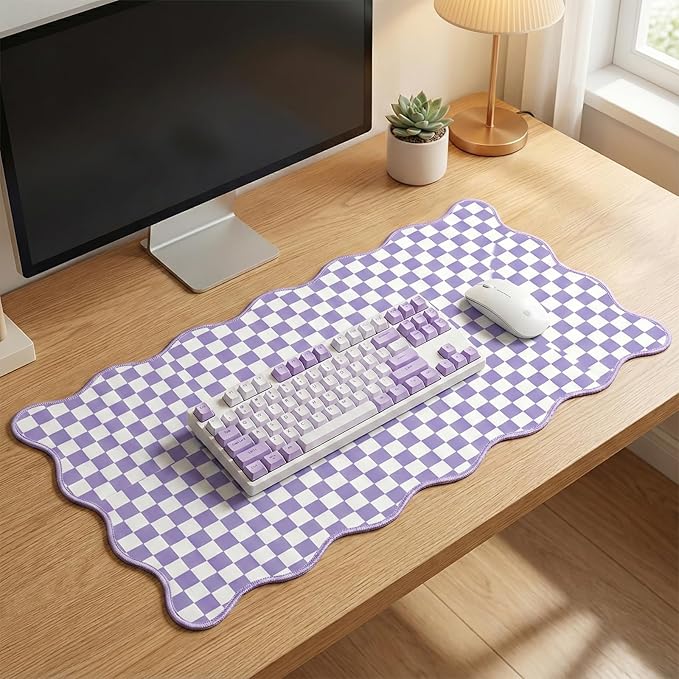 Scalloped Desk Mat Extended Large Cute Purple Mouse Pad Farmhouse Desk Pad XXL Aesthetic Plaid Mousepad Checkered Gaming Mouse Pad for Keyboard Computer Laptop Home Office Accessories Girl 35.4X15.7In