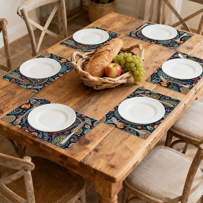 Placemats Set of 6, Indian Vintage Paisley Pattern Blue Linen Placemats 12x18 Inch, Heat Resistant Table Mats, Washable Non Slip Place Mats for Dining Table Kitchen Home