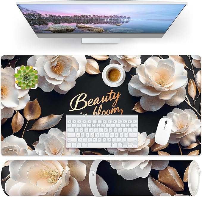 Dual-Sided PU Leather Desk Mat Blotter for Office, Home, Computer, Keyboard, Mouse, 15.7"x31.5" Large Non-Slip Writing Mat with Travel Storage Strap, Waterproof Easy to Clean (White Camellia)