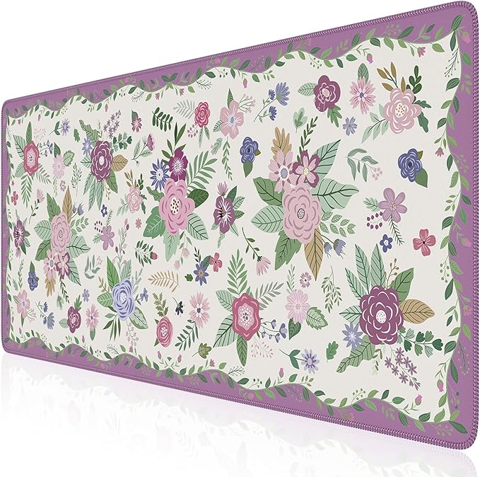 iCasso Floral Desk Mat for Keyboard and Mouse,Cute Gaming Mouse Pad XXL,Anti-Slip Desk Matt for Desktop,Soft Lycra Surface Computer Mat Women,Girly Big Mousepad for Home Office (Purple Floral)