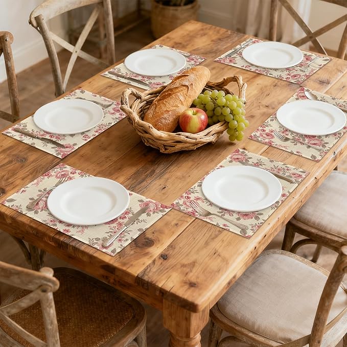 Floral Pink Flowers and Leaves Table Placemats Set of 6, Linen Placemats 12x18 Inch, Washable Non Slip Heat Resistant Mats for Dining Table Kitchen Indoor Use