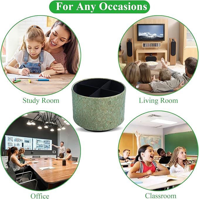 Round Leather Art Supply Organizer,Remote Control Holder,360 Degree Spinning,Multi-Functional Pencil Holder,4 Compartments Desktop Stationary Organizer(1-Soft Green)