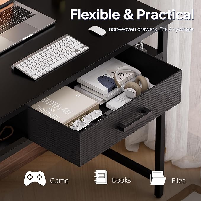 Pamray 32 Inch Small Computer Desk with Drawer and Shelves Simple Study Work Table for Bedroom Grey