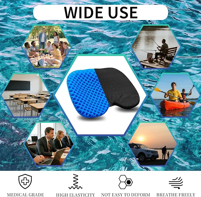 Kayak Seat Cushion - Blue Cooling Gel Kayak Accessory Removable Waterproof Cover | Comfort for Kayak Seats, Fishing, Car seat,Office Chair & Outdoor Use