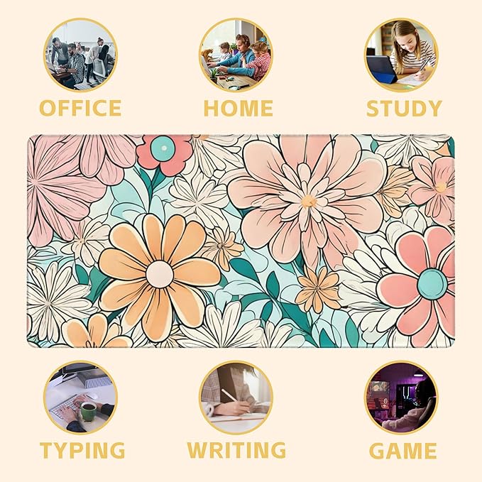 70s Inspired Flower Large Extended Gaming Mouse Pad Pink Flower XXL Mousepad Desk Pad for Keyboard and Mouse, Non-Slip Rubber Base Mousepad with Stitched Edges for Office Desk Decor, 31.5 x 15.8 in