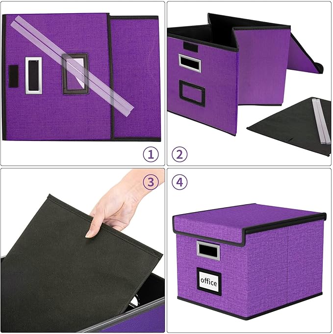 File Organizer Box with Lid, Collapsible File Folder Organizer for Office Document Storage, Filing Box with Plastic Slide for Letter Size Hanging File Folders(1 Pack, Purple)