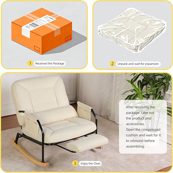 Oversized Reclining Rocking Chair with Foot Rest, 110°–160° Adjustable Backrest, Upholstered Armchair with Side Pocket for Nursery and Living Room, Beige