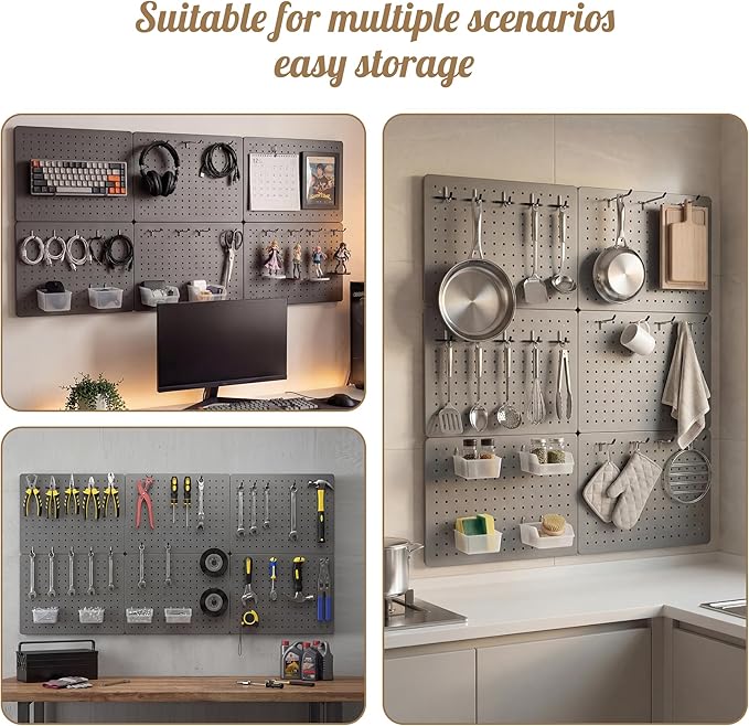 Peg Board for Tools, 4 Pack Metal Pegboard Wall Organizer with Hooks,16"×12" Gray Pegboard Panels for Walls Home, Garage Tool Storage, Kitchen, Office Organization, Craft Room