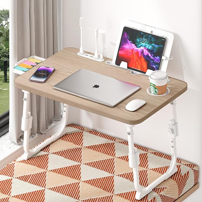 Lap Desk for Bed, Adjustable Laptop Desk with USB Charging Port, Storage Drawer & Bookshelf โ Foldable Bed Desk for WFH & Students, 23.6" Desktop Fits 18" Laptop, Non-Slip, Glacier