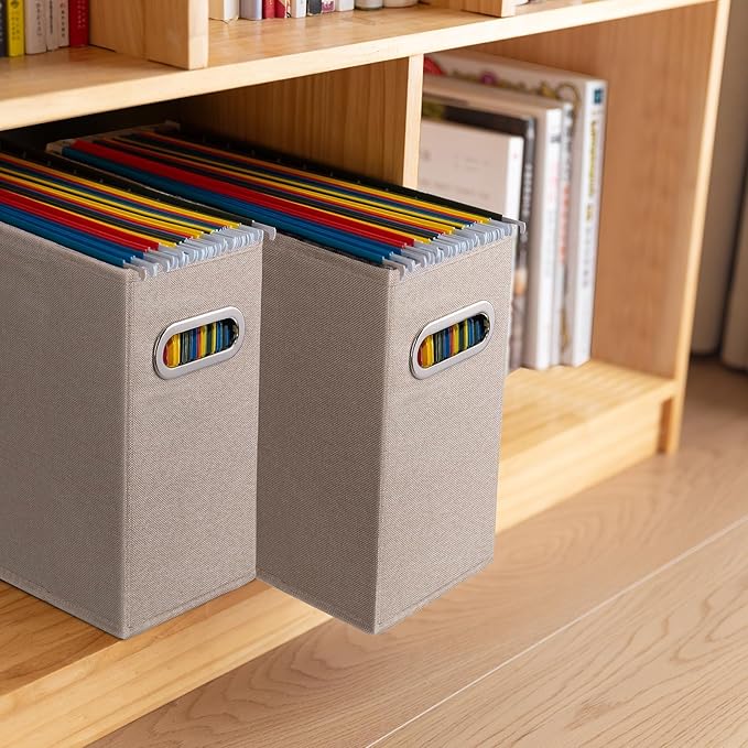 8 Pack Letter Size File Storage Box Collapsible,Fabric Hanging File Folders Organizer, Portable Office Document Holder with Metal Handle, Smooth PVC Rails, Beige