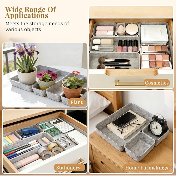 8pcs Felt Desk Drawer Organizer Tray, 4 Sizes Drawer Organizers Set for Office Supplies, Jewelry, Makeup, Cosmetics, Desk & Drawer Storage (Light Gray)