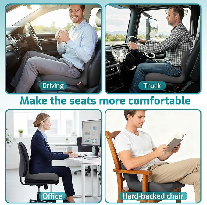 Memory Foam Seat Cushion,Office Chair Cushion with Lumbar Support for Back Pressure Relief, Car Seat Cushion with Adjustable Strap,Sciatica Pad Cushions for Car,Truck, Desk (D-Dark Grey)